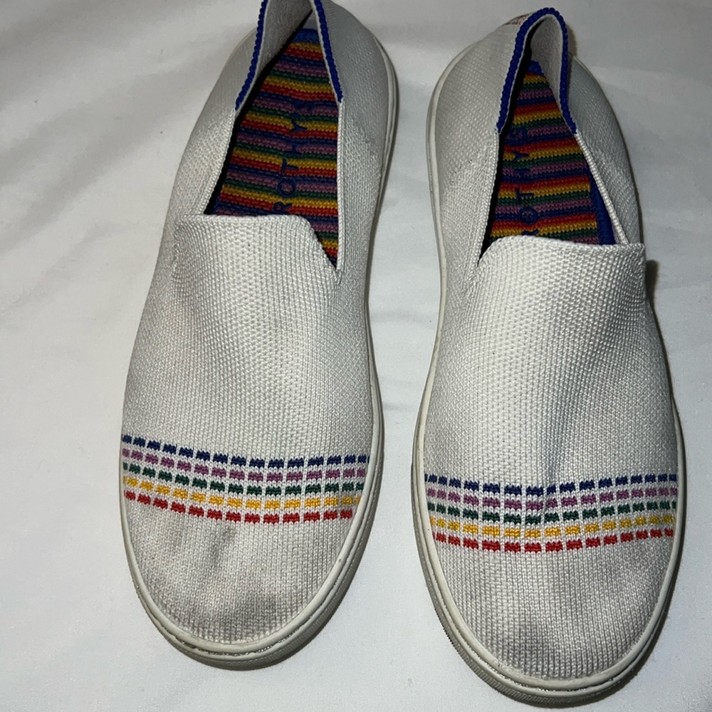 Rothy's The Kids Sneaker Girls Size 4 White Rainbow Knit Fabric Slip On Shoes